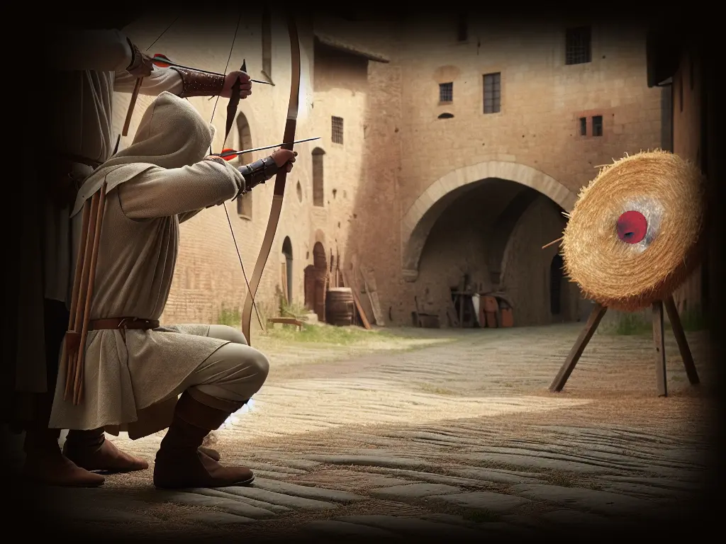 Arcieri medievali in abiti storici praticano il tiro con l'arco in un cortile fortificato, mirando a un bersaglio di paglia. Rievocazione storica di arcieri e arco medievale.